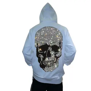 Hoodie pria tebal hangat mewah Hip hop hoodie berlian imitasi pullover tengkorak kepribadian kustom dengan logo