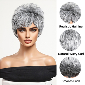 Grigio nero nonna capelli corti Pixie Bob sintetica parrucca a strati frangia resistente alle alte Temperature in fibra reale foto - Product Image 5