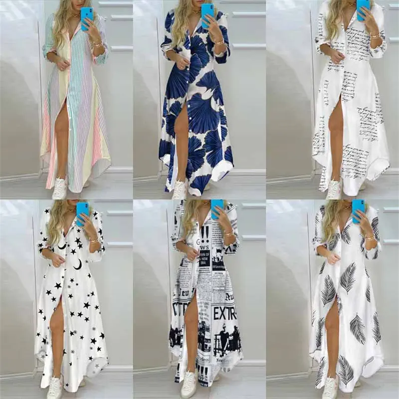 Spring Summer Hot Sale Lapel Print Dress Single Breasted Cardigan Design Casual Comfortable Dresses for Women