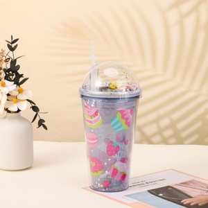 Lovely 450ml Four Color Sweet Dessert Themed Double Wall <b>Plastic</b> Straw Tumbler with Decorative Multicolor Confetti Filled Dome - Product Image 3