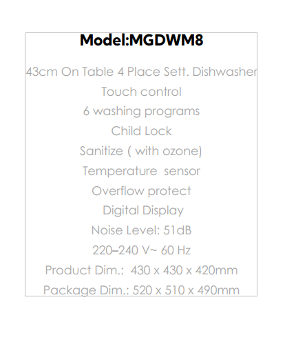 43cm On Table 4 Place Sett. Dishwasher Touch control
