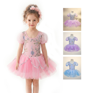 Vestido de Ballet para Niñas con Mangas Abullonadas de Malla y Bordado Floral, Falda de Tul Rosa con Adornos Plateados, Disfraz de Danza para Recital - Product Image 4