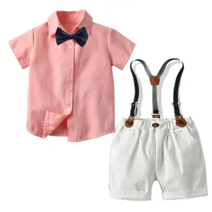 Camicia a maniche corte rosa estiva per bambini Boy British Style papillon pantaloni bianchi Summer Gentleman Suit Set di abbigliamento per ragazzi