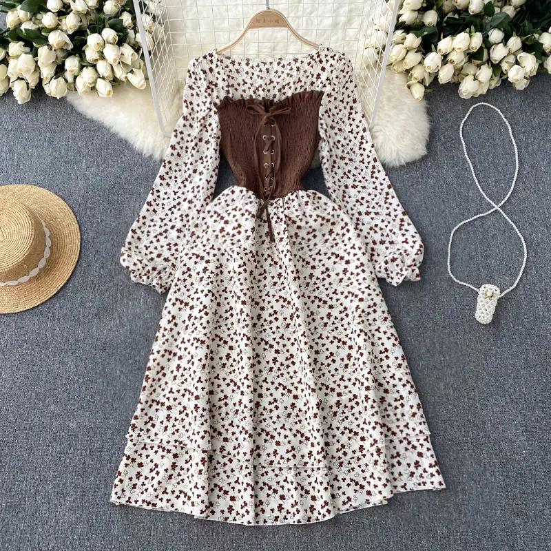 Long Sleeve O-Neck Color Blocking A-Line Dress Autumn Floral Print High Waist Midi Dress Ladies Sweet Dresses Clothes Women