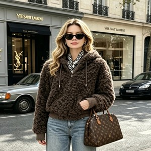 Hooded Rib Cuff Hem <strong>Ladies</strong> Premium Lamb Fur Jacket with Zipper Closure Sheepskin Lined Winter Warm Cozy Casual Daily <strong>Coat</strong> - Product Image 1