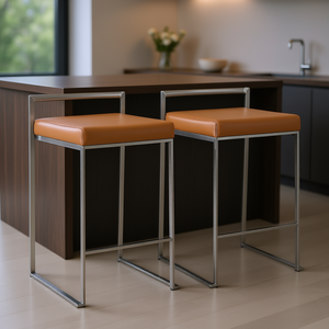 Juego de 2 Taburetes de Barra Fuji, Acero Inoxidable, Cuero Sintético Color Camel, Apilables, Muebles para Comedor - Product Image 2