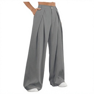 Pantalon plissé taille haute à jambes larges pour femme, gris, en crêpe, décontracté, longueur totale, coupe ample, couleur unie, fermeture éclair - Product Image 4