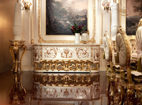 Cour française de luxe haut de gamme longue table à manger peinte à la main feuille d'or personnalisé sculpture sur bois massif ensemble de meubles de salle à manger