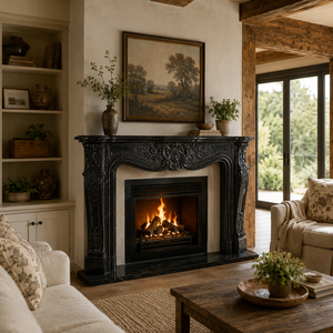 Traditional Marble <b>Fireplace</b> Mantel With Ornate Carving Black Jade marble Stone Indoor Wood Burning Hearth For Dining Room - Product Image 6