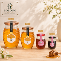 Botol Kaca Madu Grosir Logo Kustom 100ml 180ml 400ml 750ml dengan Tutup Logam Berusuk Putar untuk Kemasan Makanan Bolong
