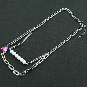 Collar de cadena cubana de doble capa con perlas y diamantes de imitación, cadena de cuello de acero de titanio neutra, dulce y moderna. Tanjing - Product Image 2