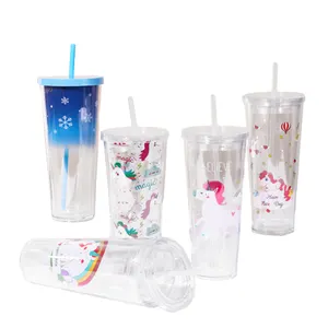 Double Insulated Plastic Cup With Cartoon Print Large Volume Gradient Straight Cup Premium Mugs