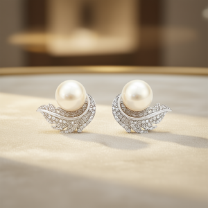 Pendientes de Plumas de Oro Blanco E4151 con Engaste Pavé, Pendientes Clásicos de Cristal para Mujer, Ideales para Bodas - Product Image 2