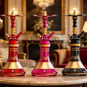 Decorative <b>Hookah</b> Glass <b>Pipe</b> Set Red Pink Black Blue Gold Finish Dual Hose Lounge Use - Product Image 2