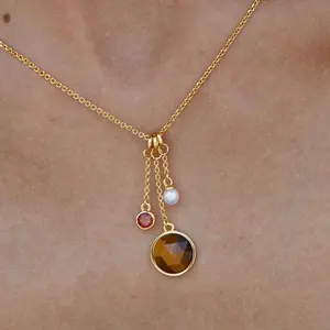 Fashion pendant necklace in sterling silver gold 18k natural pearl garnet stone tiger eye pendant necklace