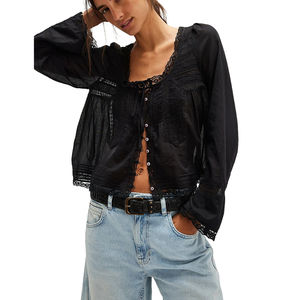 Camicetta a Maniche Lunghe con Bordo in Pizzo 95% Cotone 5% Poliestere per Donna Primavera Estate 2026 Camicia Larga con Lacci Frontali e Bottoni - Product Image 2