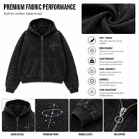 Sweat-shirt à capuche zippé personnalisé avec logo OEM, strass, effet vintage délavé, motif étoile, streetwear, délavé à l'acide pour homme