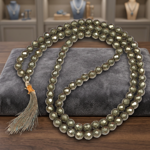 Collier artisanal en perles de pyrite facettées, pierres précieuses polies, thème bouddhiste, forme circulaire, décoration et cadeau pour les fêtes - Product Image 3