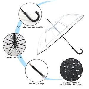 Hot Selling High Visibility Straight Umbrella Fiberglass Frame Clear Waterproof Transparent Cover <b>J</b>-Curved Wood Handle - Product Image 5
