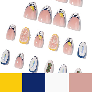Ongles à presser French Manucure Ovale, motif floral bleu citron estival, peints à la main, réutilisables, effet 3D glacé, modèle populaire US/UE - Product Image 3