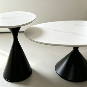 Ensemble de tables basses gigognes rondes modernes avec plateau en marbre, design minimaliste pour salon, base noire - Product Image 3