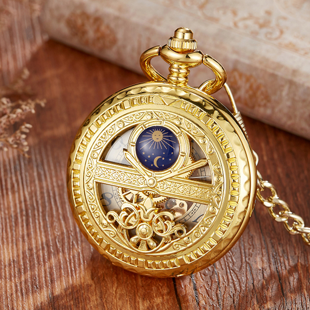 semi-automatic mechanical pocket watch with carved stars and moon phases hollowed out dial for gift