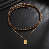 Ensemble de colliers superposables vintage à pendentif étoile carrée à deux couches pour hommes, style rétro, avec perles œil de tigre, accessoires de rue, cadeaux