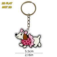 Porte-clés en acrylique chien mignon, breloque chiot rose de dessin animé avec robe à pois, résistant aux rayures, anneau fendu inclus