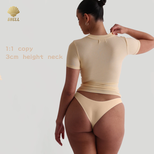 Luluxiyaya <span class=keywords><strong>Basic</strong></span> Micro a costine Color Color collo largo 3cm manica corta in maglia larga misura lunghezza normale nuova t-shirt bianca - Product Image 2