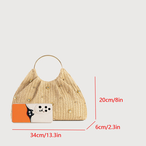 Bolsos tejidos de paja de moda de verano con remaches de diseño plisado precios bajos portátiles al por mayor - Product Image 3