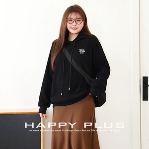 Sweat-shirt à capuche ample pour femme Happy Plus, noir jais, grande taille, automne-hiver, décontracté, tricoté, avec étiquette N9052 - Product Image 2