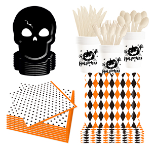 Juego de Artículos para Fiesta de Halloween DAMAI, Platos, Vasos y Servilletas de Papel con Diseño de Calavera Negra y Patrón de Rombo para Decoración de Halloween - Product Image 2