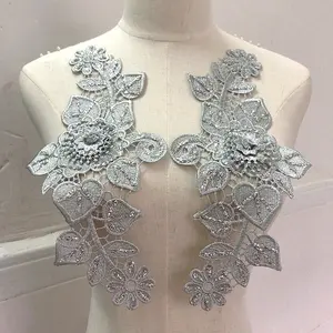 Garment shiny 3d flower gold grey glitter applique work patch embroidery LT2296A
