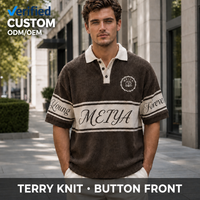Chemises polo pour hommes personnalisées en marron, coupe ample, épaules tombantes, col contrasté, trois boutons, manches courtes, côtelées, style vintage décontracté