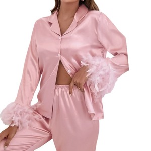 Pijamas de seda con plumas de avestruz, conjunto de dos piezas, camisa de manga larga y pantalones para mujer, ropa de dormir para el hogar, novedad de otoño - Product Image 5