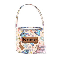 Panier de Pâques personnalisé en cuir avec nom d'enfant, panier de Pâques imprimé avec lapin de Pâques, avec patch en cuir gravé personnalisé