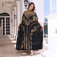 Abaya longue élégante en mousseline de soie, brodée de perles, manches chauve-souris dorées et noires, col montant, style cape, Abayas arabes, Kaftan