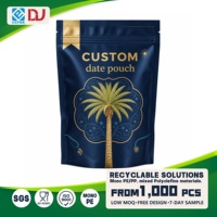 Elegante navyblauwe en gouden recyclebare PE stand-up pouch met ziplock en zijvouwen voor verpakkingen van gedroogd fruit voor de detailhandel