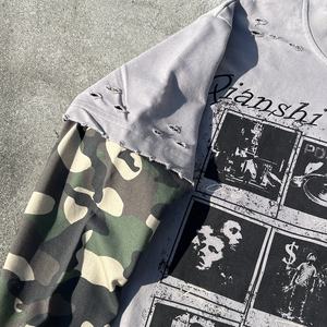 เสื้อยืดดีไซน์ใหม่ ผ้าฝ้ายทรงโอเวอร์ไซส์ พิมพ์ลายกราฟิกลายพราง เสื้อยืดทรงบ็อกซี่ แขนยาวสองชั้นแบบดิสเทรส - Product Image 4