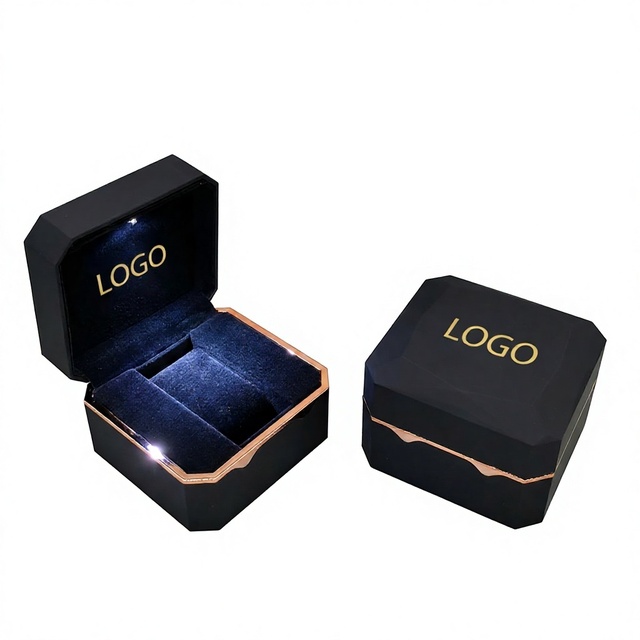 Custom Luxury Brown LED Light Jewelry Box Rose Gold Trim Octagon Velvet Ring Proposal Gift Packaging Box OEM Wholesale