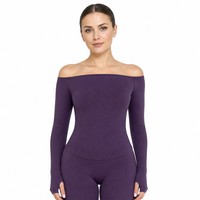 Atasan Yoga Lengan Panjang Off-the-Shoulder Grosir Bahan Spandex/Nylon untuk Olahraga/Gym dengan Label LOGO
