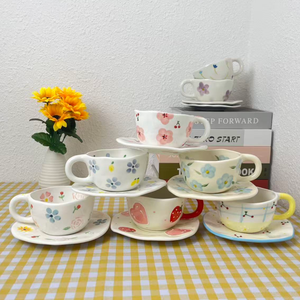 Japanese Retro Handmade Irregular Ceramic <b>Cup</b> With Plate Printed Coffee Mug Unique Patterned <b>Tea</b> <b>Cup</b> <b>Set</b> - Product Image 3