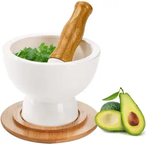 Ceramic Mortar and Pestle Set Mixing Grinding Bowl with Non-Slip Pestle and Bamboo Tray Grinder Kitchen Cooking Tool