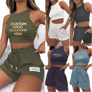 Solide femmes décontracté court 2 pièces ensemble transfrontalier été sans manches gaufres costume couleur unie gilet Skinny Fit tricot tissu - Product Image 1