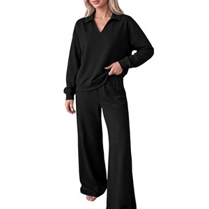 Ensemble décontracté 2 pièces pour femme : Sweat-shirt à col polo à manches longues et pantalon large à cordon de serrage, 280 GSM, 100 % coton - Product Image 1