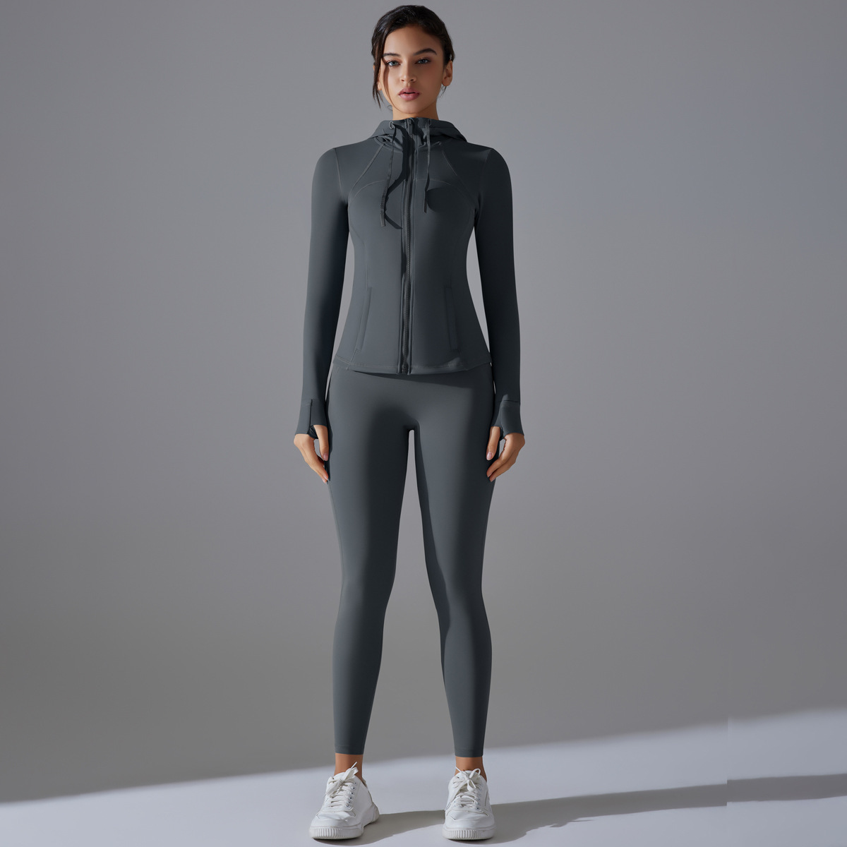 No Underwear Double-sided Brocade Yoga Set Solid Color Zip-up Hooded Sportswear Running Fitness Outfit Comfortable Breathable