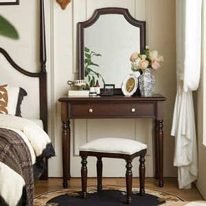 Coiffeuse avec miroir et tabouret de 80 cm en bois massif acajou, style vintage français, avec rangement pour chambre à coucher - Product Image 1
