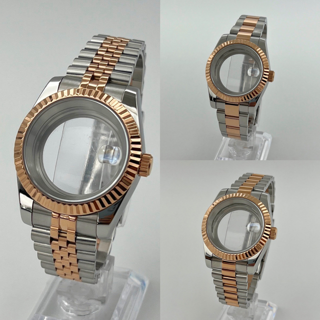 36mm/39mm Luxury Silver Rose Stainless Steel Watch Case Adjustable Strap Set Sapphire Glass Cases for NH35 NH36 Movement
