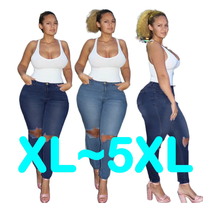 Amazon ladies high waisted stretchy Fat Girl Woman Ripped Over Big Size 4XL 5XL 6XL 7XL trousers Women plus size pants & jeans