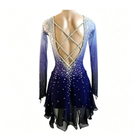 Robe de patinage artistique bleu-noir dégradé, manches longues en maille, dos ouvert croisé, jupe à strass pour adultes et enfants